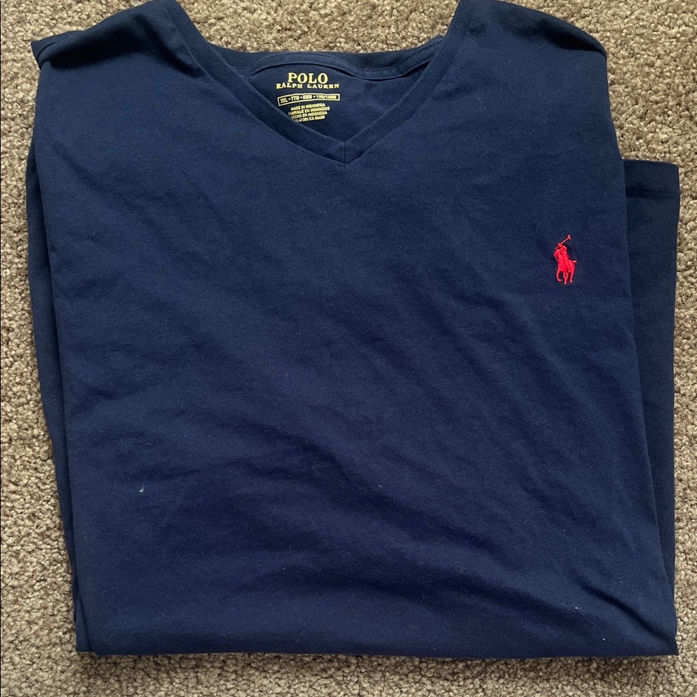 Polo by Ralph Lauren Navy V-Neck Tee with Yellow Logo Print